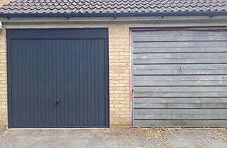A Garador steel range up and over garage door in the Carlton style. In Anthracite Grey with a Anthracite Grey steel frame and Anthracite pvc. Fitted in Sandhurst. Berkshire.
