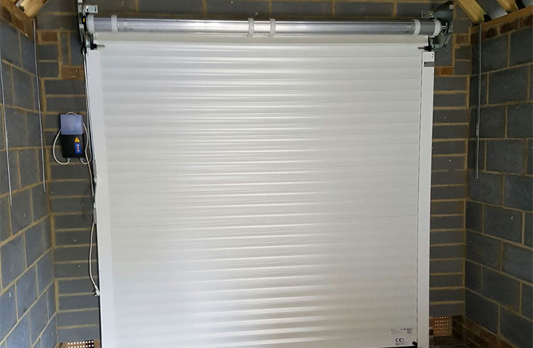 Inside view of insulated electronically operated roller shutter garage door