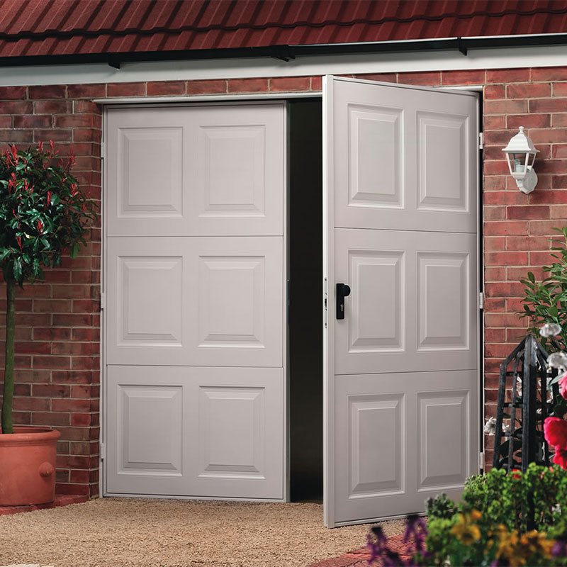 Side hinged garage doors