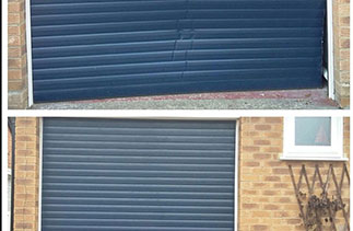 A before and after of a Gliderol insulated roller shutter garage door which required 12 new slats.